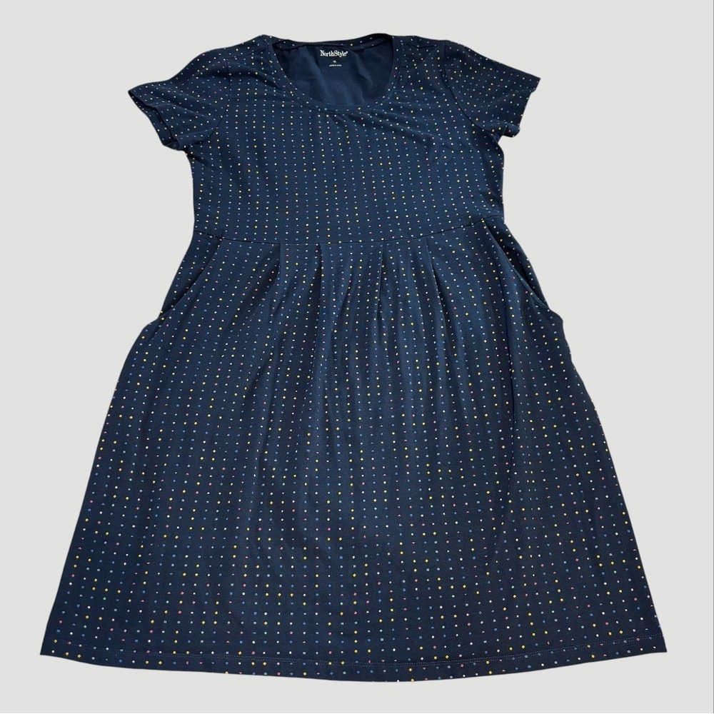 NorthStyle Women's Medium Short Sleeve Navy Polka Dot Dress Pockets Preppy